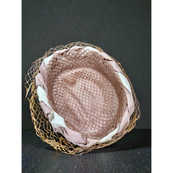 Vintage Women's Saucy Net Fascinator Hat with Fabric Roses Taupe Beige - Picture 8 of 10